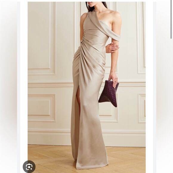 NWT Jonathan Simkhai Sahar One Shoulder Satin Column Gown in Almond - Picture 5 of 5
